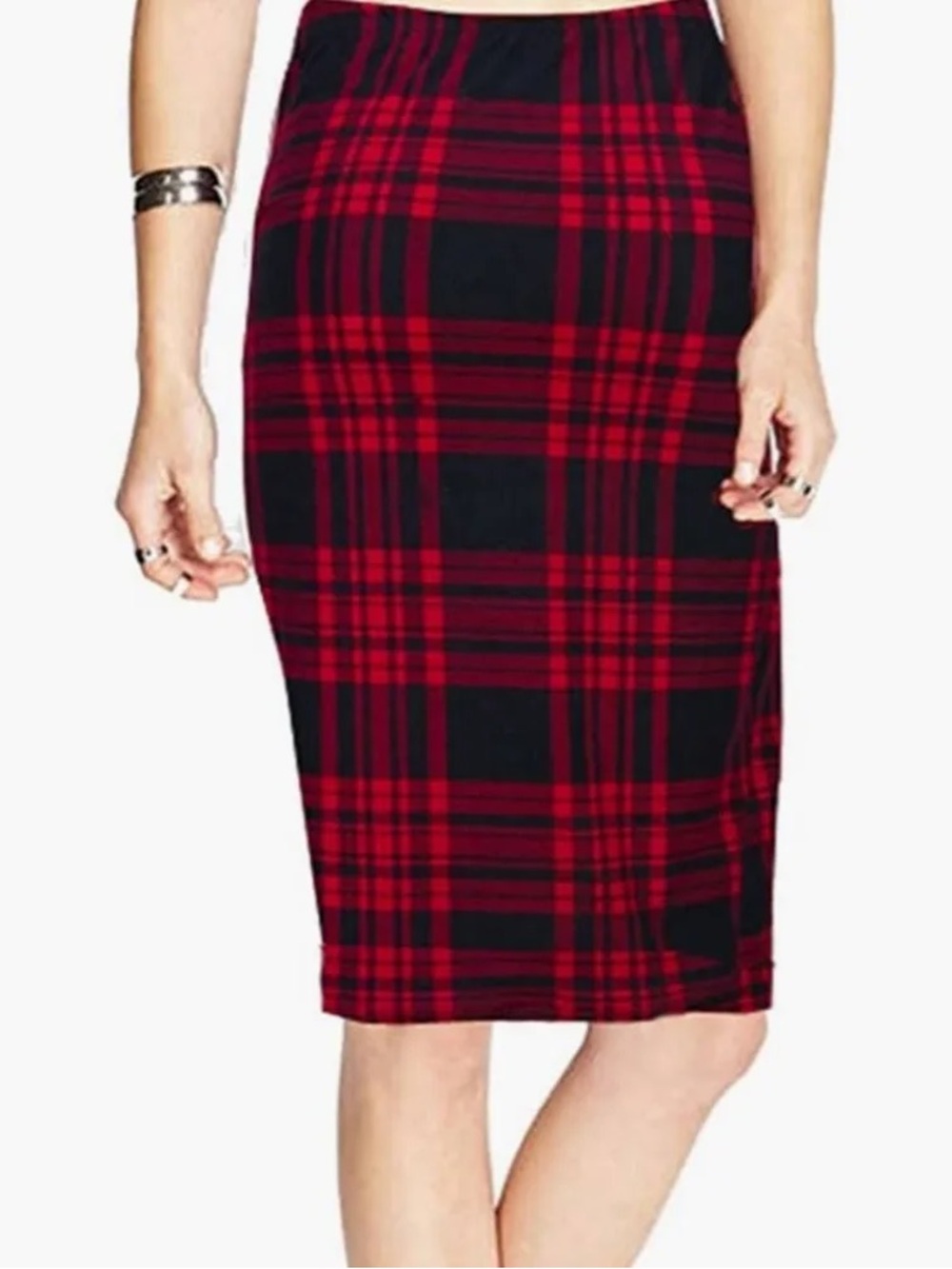 HOT KISS flannel plaid tartan pull on pencil skirt red and black large